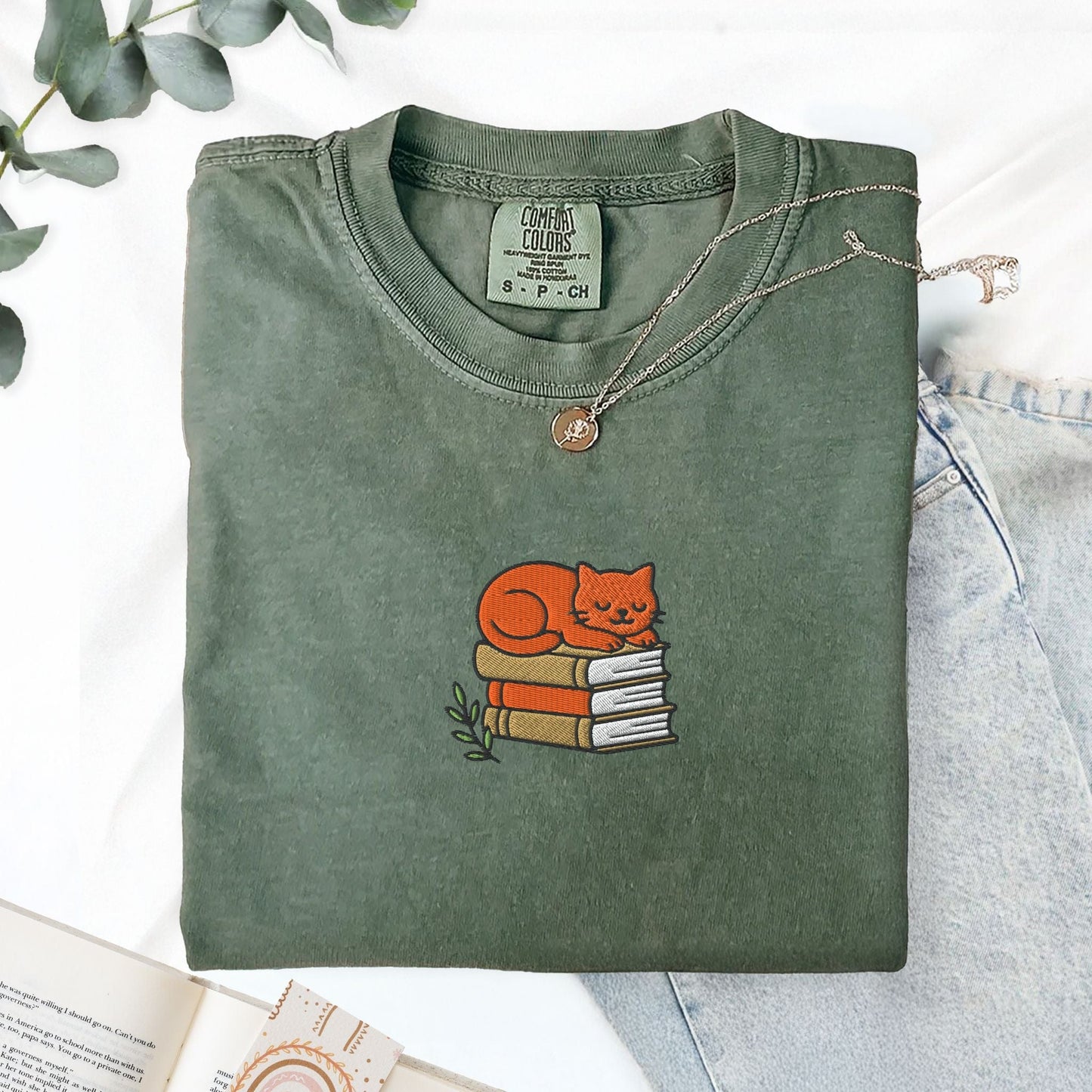 Pine Spice Books Cat Book Stack Embroidered T-Shirt Cat Book Stack Embroidered T-Shirt