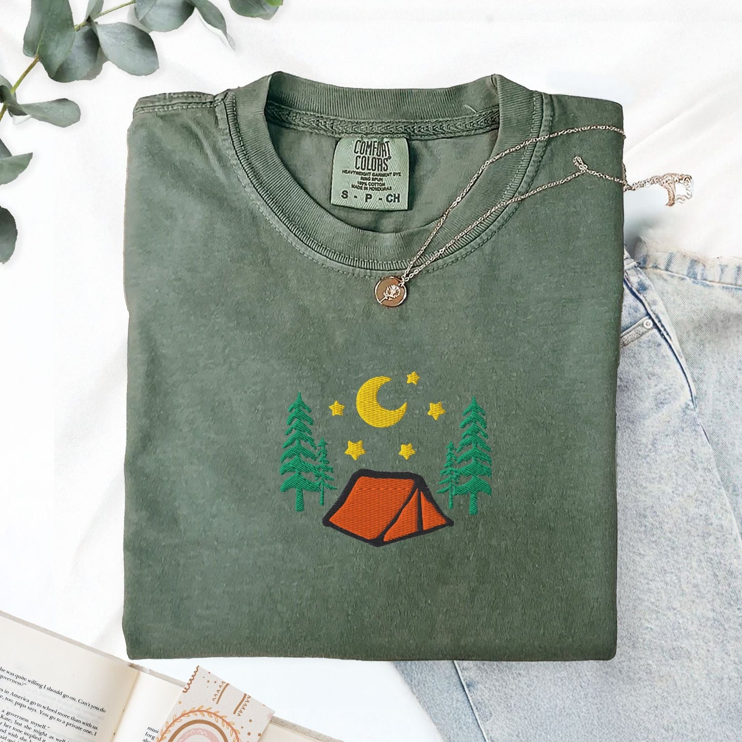 Pine Spice Books Cozy Camping Embroidered T-Shirt Cozy Camping Embroidered T-Shirt