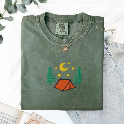 Pine Spice Books Cozy Camping Embroidered T-Shirt Cozy Camping Embroidered T-Shirt
