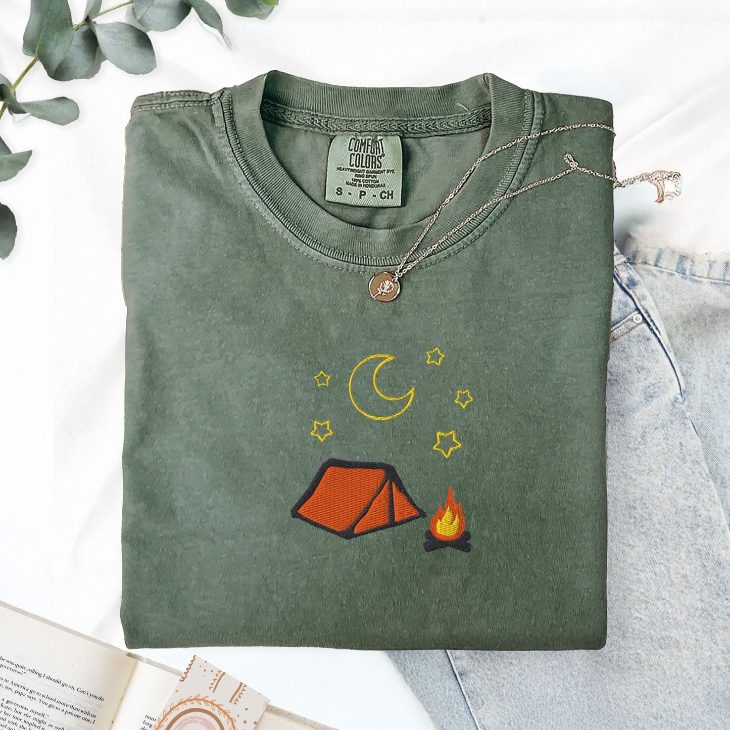 Pine Spice Books Cozy Embroidered Camping T-Shirt Cozy Embroidered Camping T-Shirt