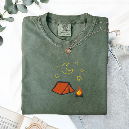 Pine Spice Books Cozy Embroidered Camping T-Shirt Cozy Embroidered Camping T-Shirt