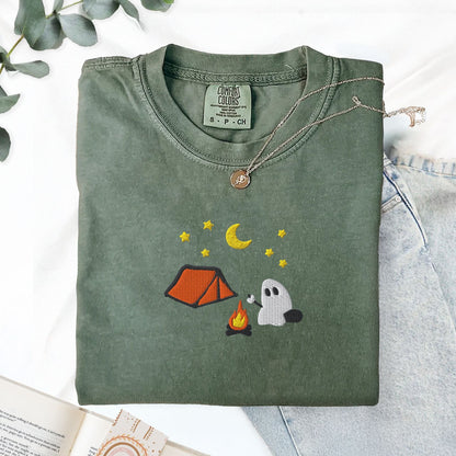 Pine Spice Books Cute Camping Ghost Embroidered T-Shirt Cute Camping Ghost Embroidered T-Shirt