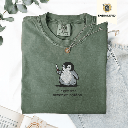 Pine Spice Books Flight Was Never An Option Penguin Embroidered T-Shirt Flight Was Never An Option Penguin Embroidered T-Shirt