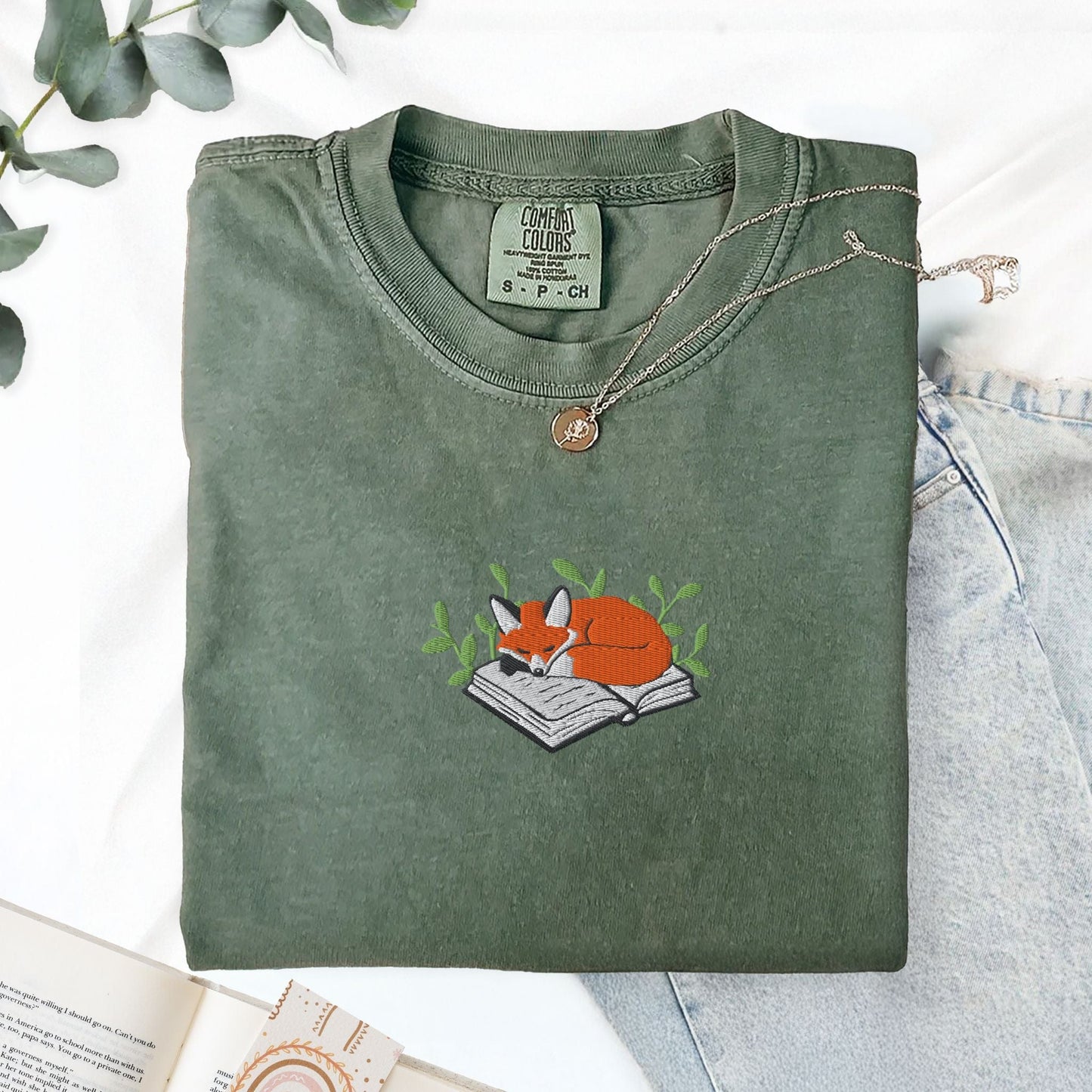 Pine Spice Books Fox Sleeping on a Book Embroidered T-Shirt Fox Sleeping on a Book Embroidered T-Shirt