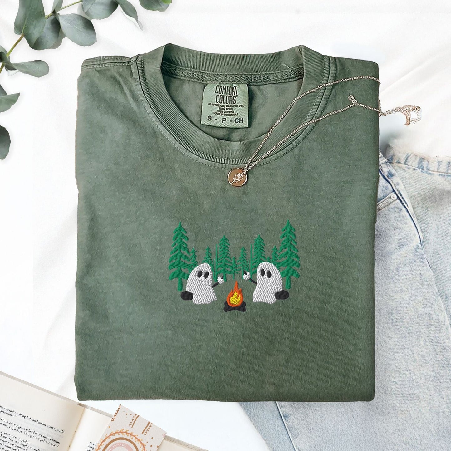 Pine Spice Books Ghost Camping in the Forest Embroidered T-Shirt Ghost Camping in the Forest Embroidered T-Shirt