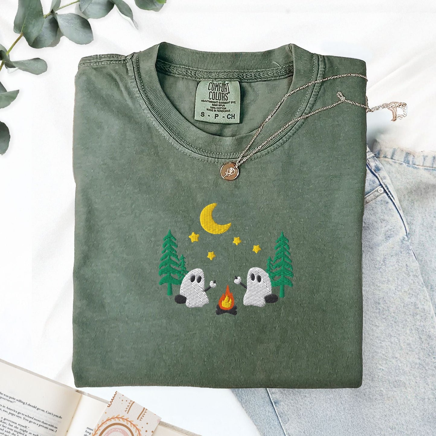Pine Spice Books Ghosts Camping Embroidered T-Shirt Ghosts Camping Embroidered T-Shirt