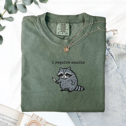 Pine Spice Books I Require Snacks Raccoon Embroidered T-Shirt I Require Snacks Raccoon Embroidered T-Shirt