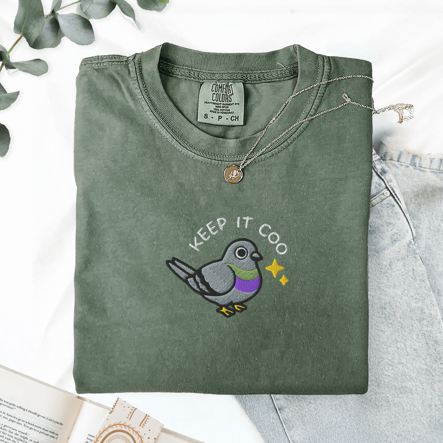 Pine Spice Books Keep It Coo Embroidered Pigeon T-Shirt Keep It Coo Embroidered Pigeon T-Shirt