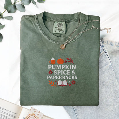 Pine Spice Books Pumpkin Spice and Paperbacks Embroidered Fall T-Shirt Pumpkin Spice and Paperbacks Embroidered Fall T-Shirt