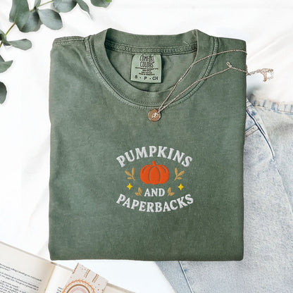 Pine Spice Books Pumpkins and Paperbacks Embroidered T-Shirt Pumpkins and Paperbacks Embroidered T-Shirt