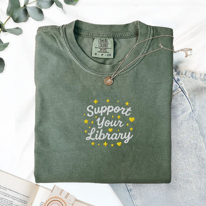 Pine Spice Books Support Your Library Embroidered T-Shirt Support Your Library Embroidered T-Shirt