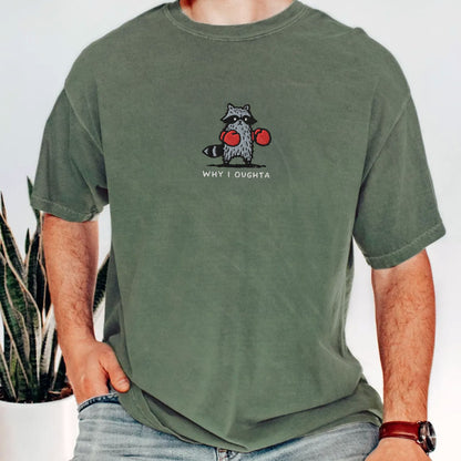 Pine Spice Books Why I Oughta Raccoon Embroidered T-Shirt Why I Oughta Raccoon Embroidered T-Shirt