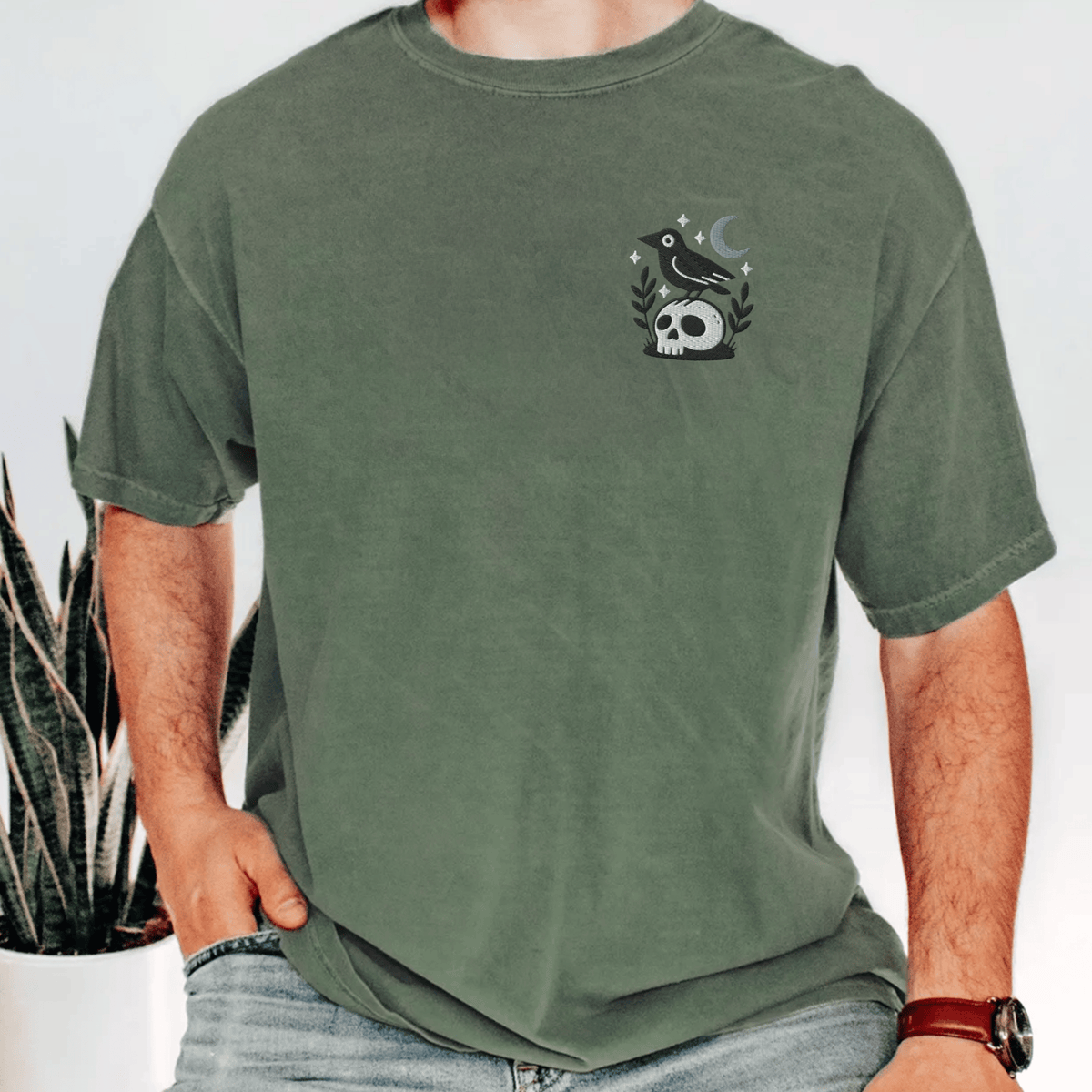 Pine Spice Books Witchy Crow Embroidered T-Shirt Witchy Crow Embroidered T-Shirt