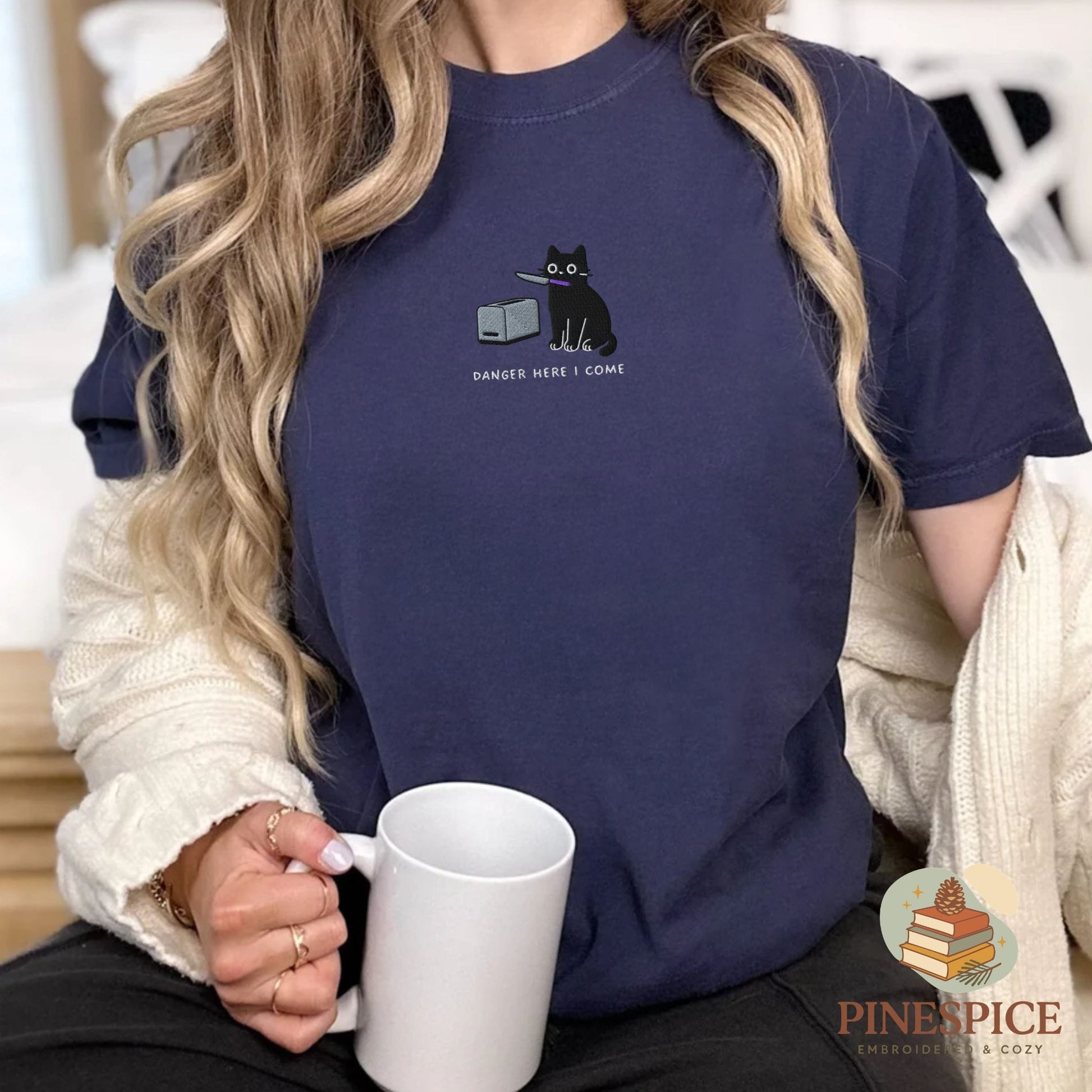 Pine Spice Books Danger Here I Come Cat Embroidered T-Shirt Danger Here I Come Cat Embroidered T-Shirt