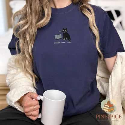 Pine Spice Books Danger Here I Come Cat Embroidered T-Shirt Danger Here I Come Cat Embroidered T-Shirt