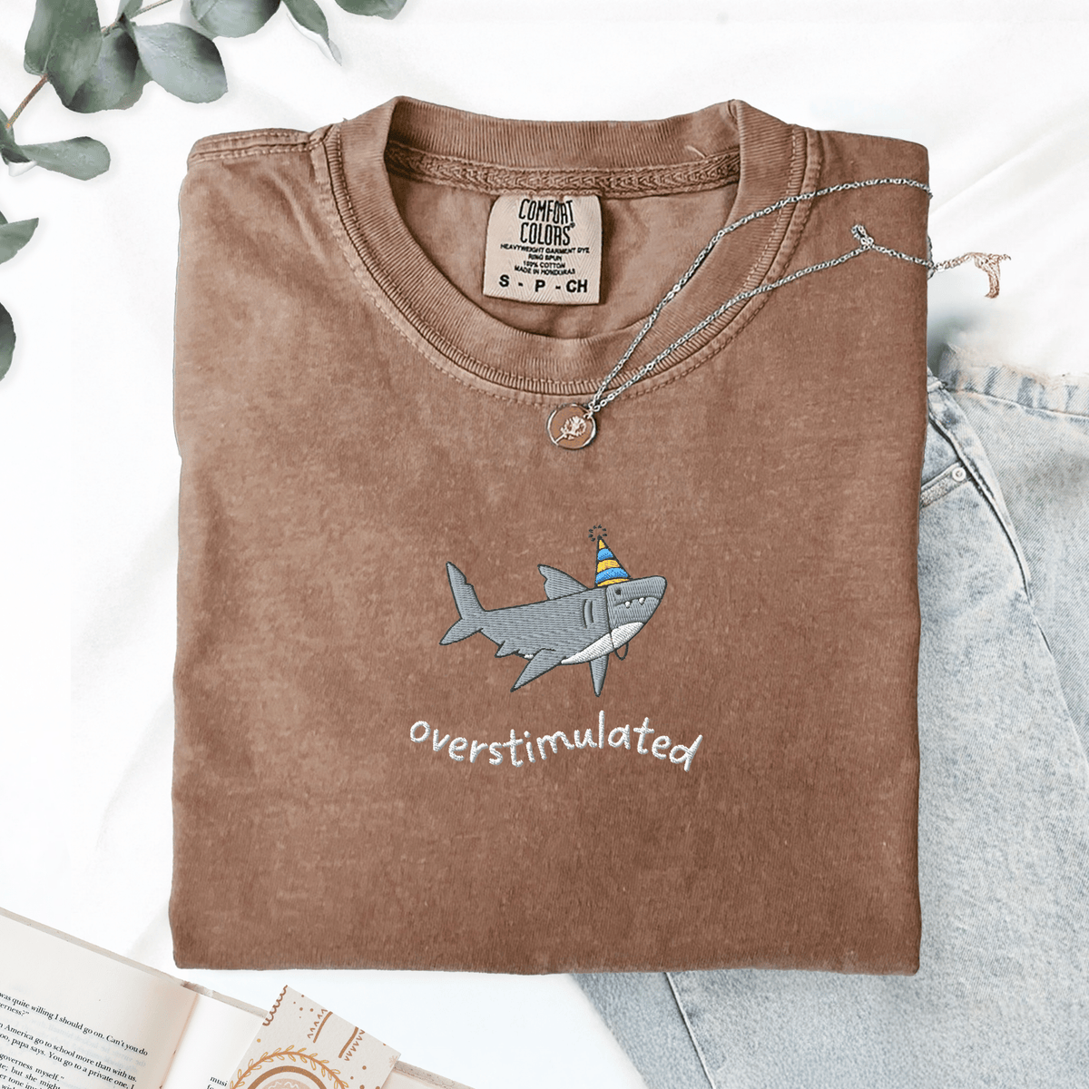 Pine Spice Books Overstimulated Shark Embroidered T-Shirt Overstimulated Shark Embroidered T-Shirt