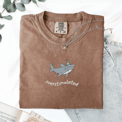 Pine Spice Books Overstimulated Shark Embroidered T-Shirt Overstimulated Shark Embroidered T-Shirt