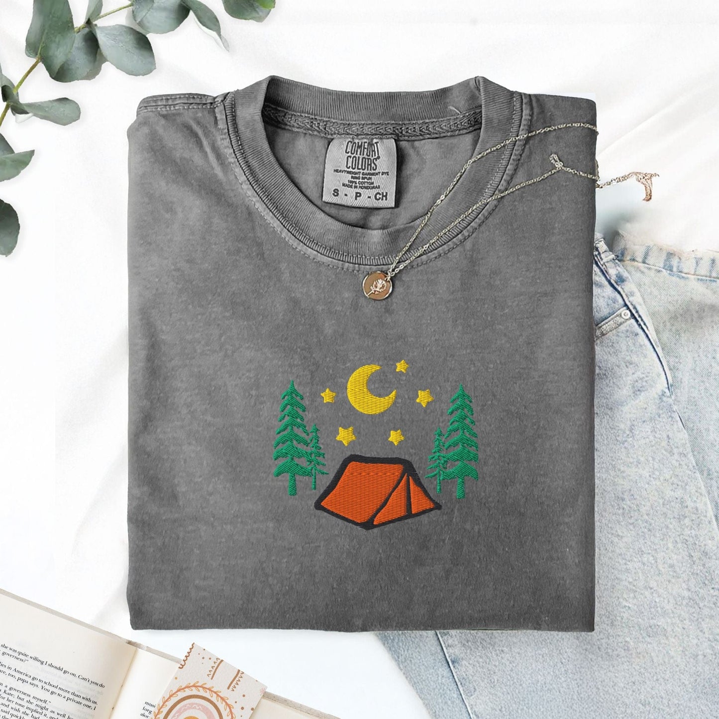 Pine Spice Books Cozy Camping Embroidered T-Shirt Cozy Camping Embroidered T-Shirt