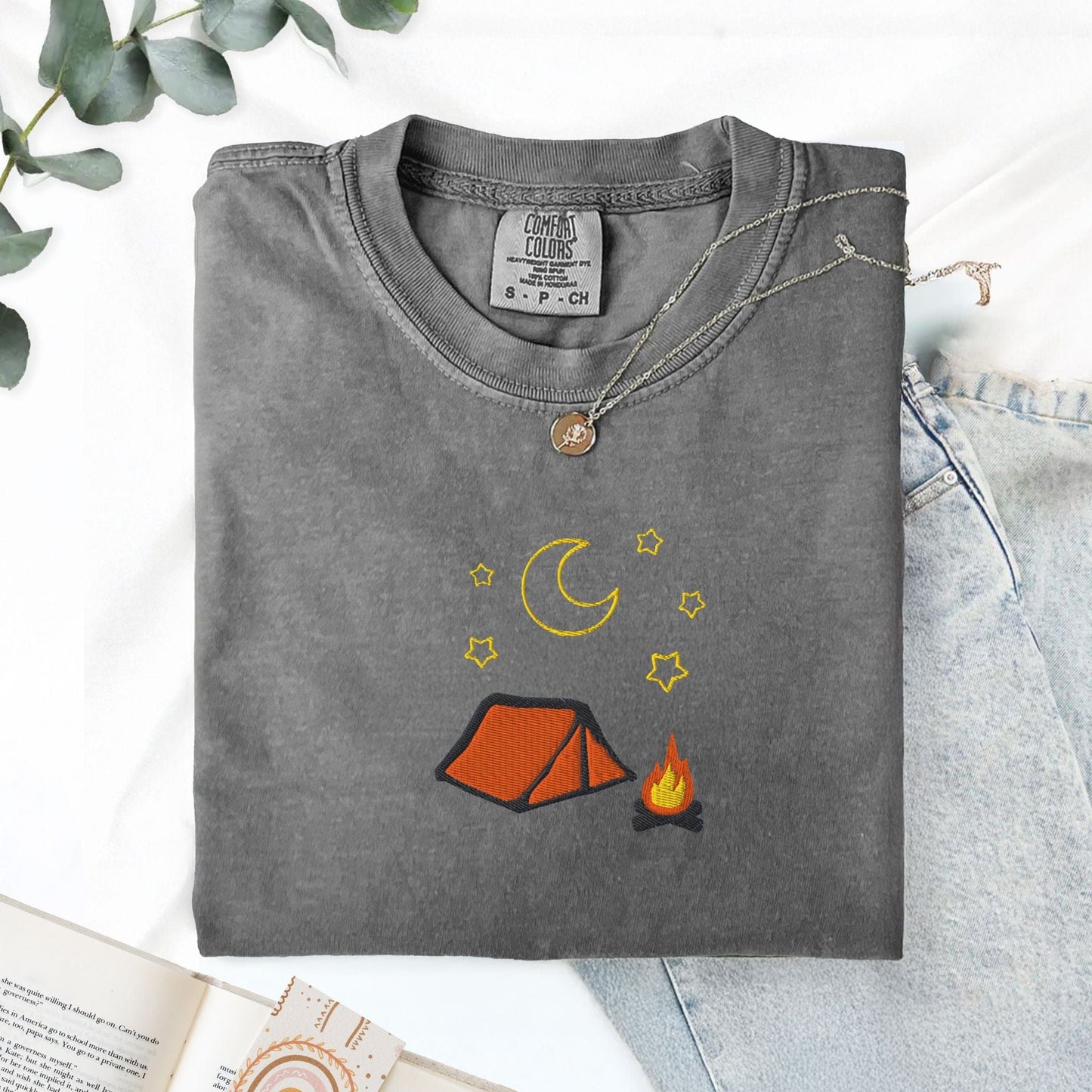 Pine Spice Books Cozy Embroidered Camping T-Shirt Cozy Embroidered Camping T-Shirt
