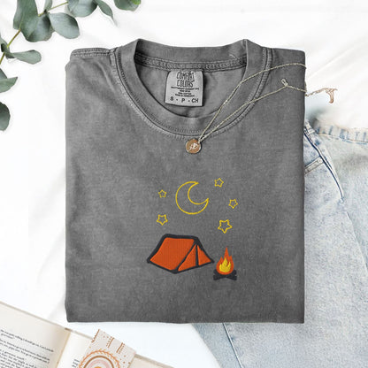 Pine Spice Books Cozy Embroidered Camping T-Shirt Cozy Embroidered Camping T-Shirt