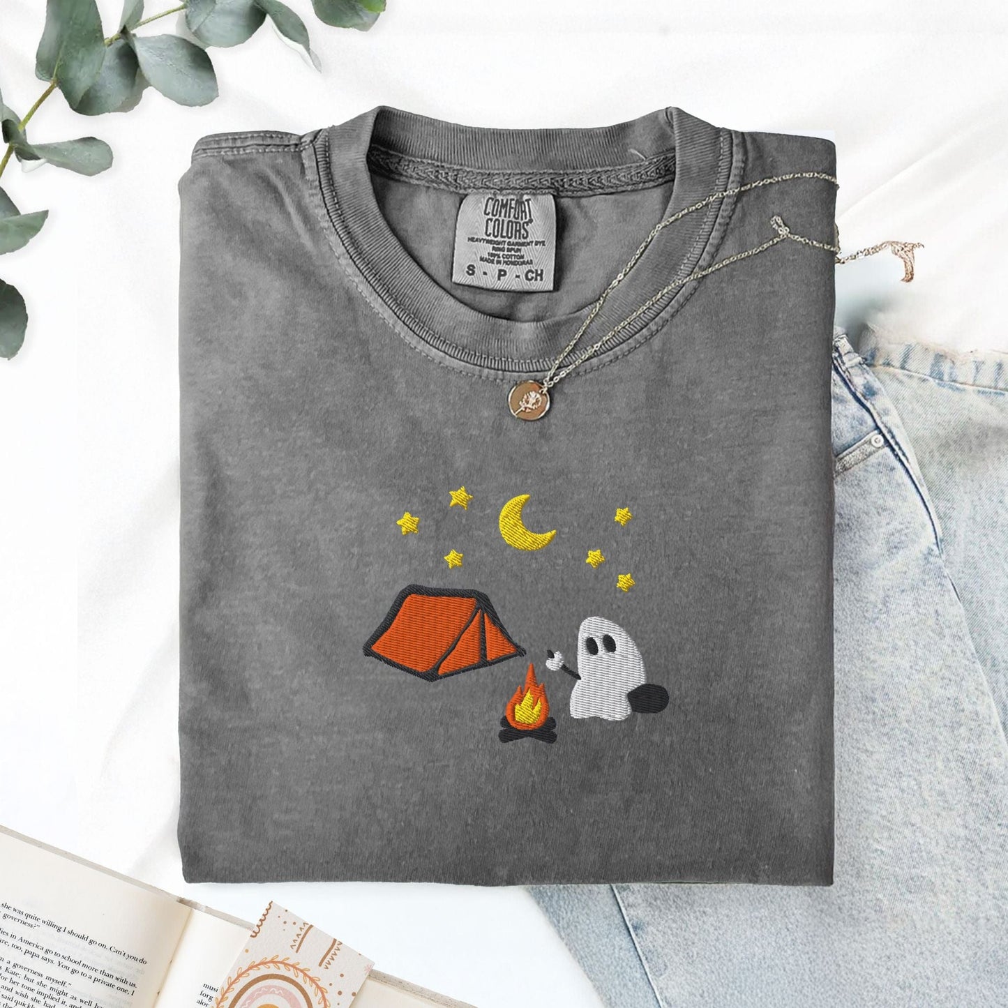 Pine Spice Books Cute Camping Ghost Embroidered T-Shirt Cute Camping Ghost Embroidered T-Shirt