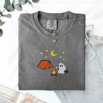 Pine Spice Books Cute Camping Ghost Embroidered T-Shirt Cute Camping Ghost Embroidered T-Shirt