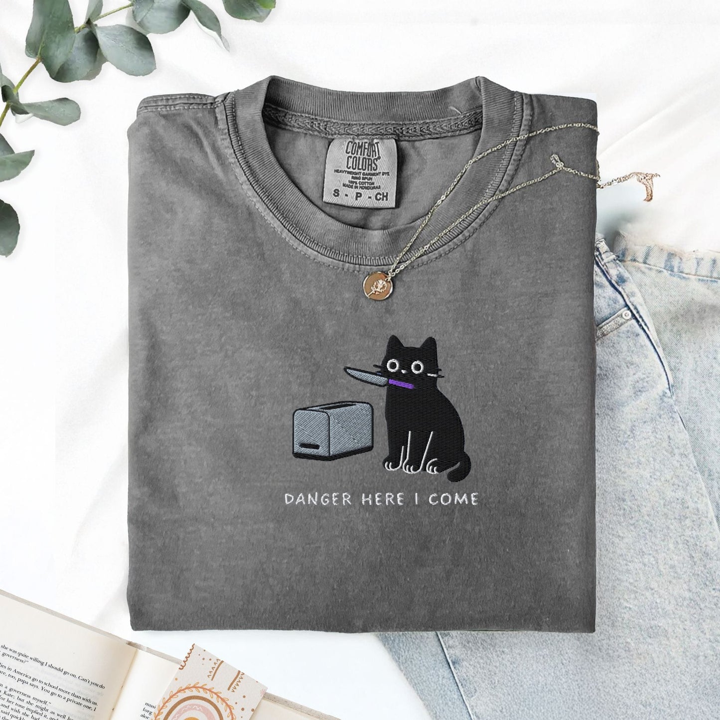 Pine Spice Books Danger Here I Come Cat Embroidered T-Shirt Danger Here I Come Cat Embroidered T-Shirt