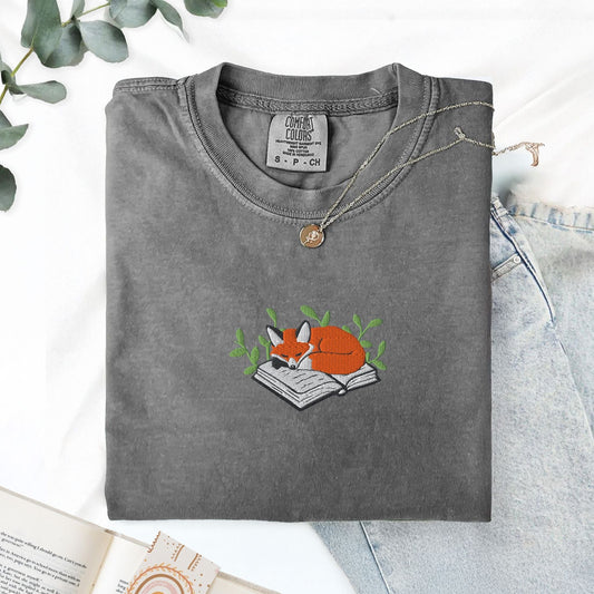 Pine Spice Books Fox Sleeping on a Book Embroidered T-Shirt Fox Sleeping on a Book Embroidered T-Shirt