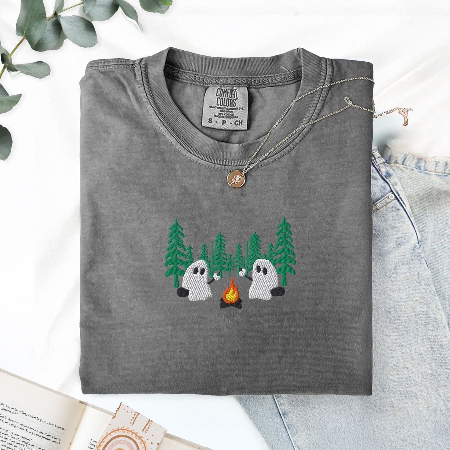 Pine Spice Books Ghost Camping in the Forest Embroidered T-Shirt Ghost Camping in the Forest Embroidered T-Shirt