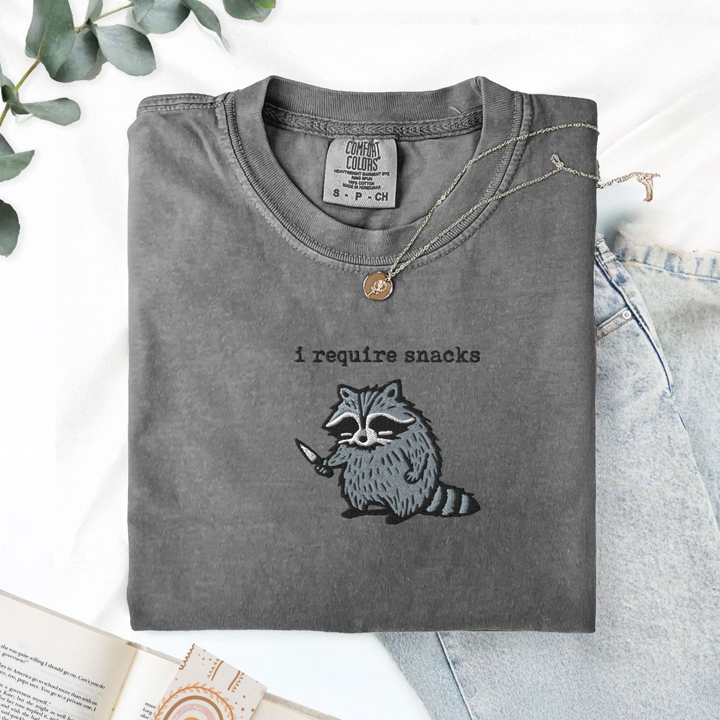 Pine Spice Books I Require Snacks Raccoon Embroidered T-Shirt I Require Snacks Raccoon Embroidered T-Shirt