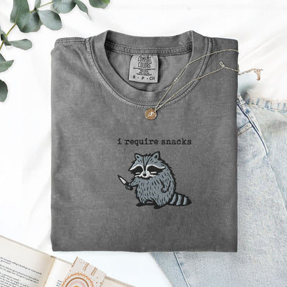 Pine Spice Books I Require Snacks Raccoon Embroidered T-Shirt I Require Snacks Raccoon Embroidered T-Shirt