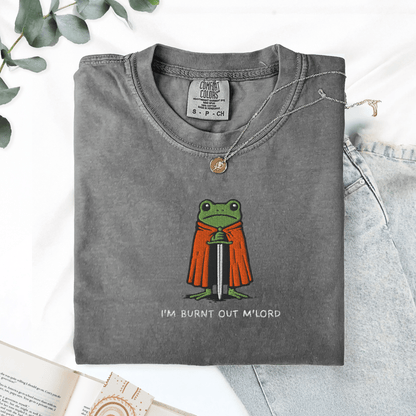 Pine Spice Books Im Burnt Out M'lord Frog Embroidered T-Shirt Im Burnt Out M'lord Frog Embroidered T-Shirt