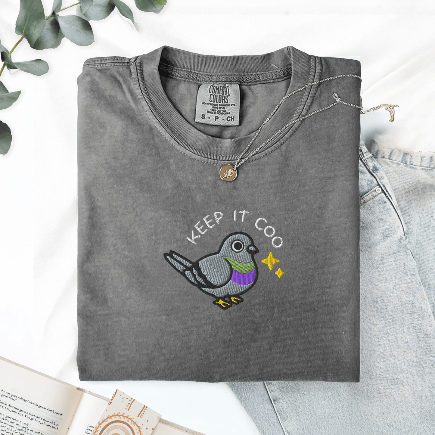 Pine Spice Books Keep It Coo Embroidered Pigeon T-Shirt Keep It Coo Embroidered Pigeon T-Shirt