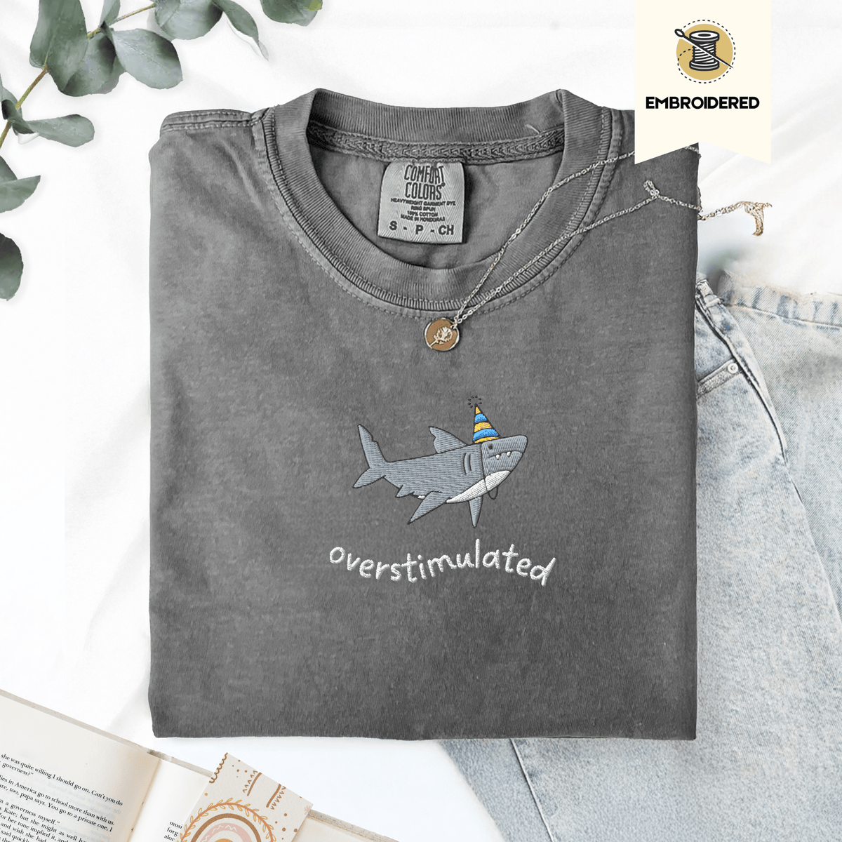 Pine Spice Books Overstimulated Shark Embroidered T-Shirt Overstimulated Shark Embroidered T-Shirt