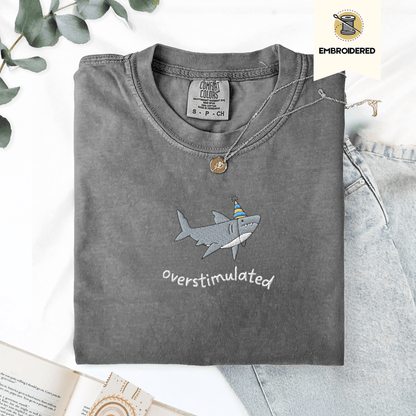 Pine Spice Books Overstimulated Shark Embroidered T-Shirt Overstimulated Shark Embroidered T-Shirt