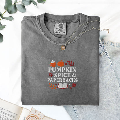Pine Spice Books Pumpkin Spice and Paperbacks Embroidered Fall T-Shirt Pumpkin Spice and Paperbacks Embroidered Fall T-Shirt