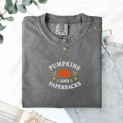 Pine Spice Books Pumpkins and Paperbacks Embroidered T-Shirt Pumpkins and Paperbacks Embroidered T-Shirt