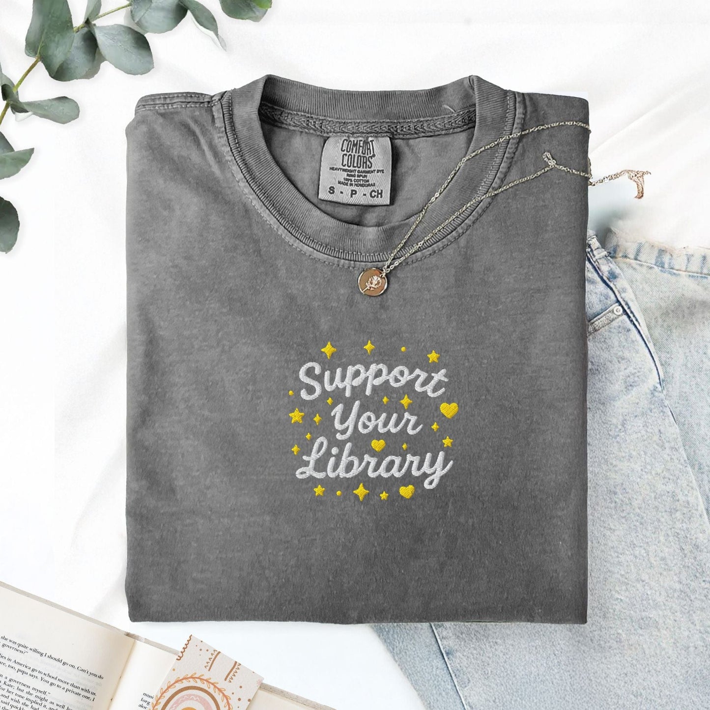 Pine Spice Books Support Your Library Embroidered T-Shirt Support Your Library Embroidered T-Shirt