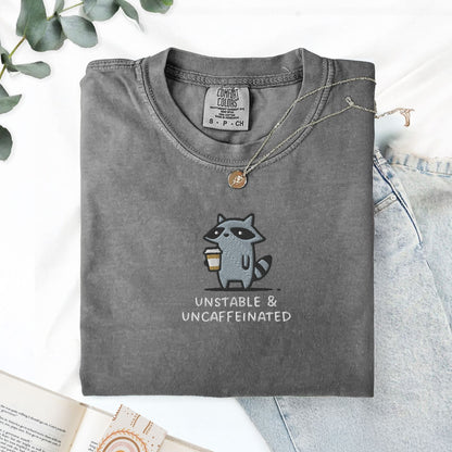 Pine Spice Books Unstable And Uncaffeinated Raccoon Embroidered T-Shirt Unstable And Uncaffeinated Raccoon Embroidered T-Shirt
