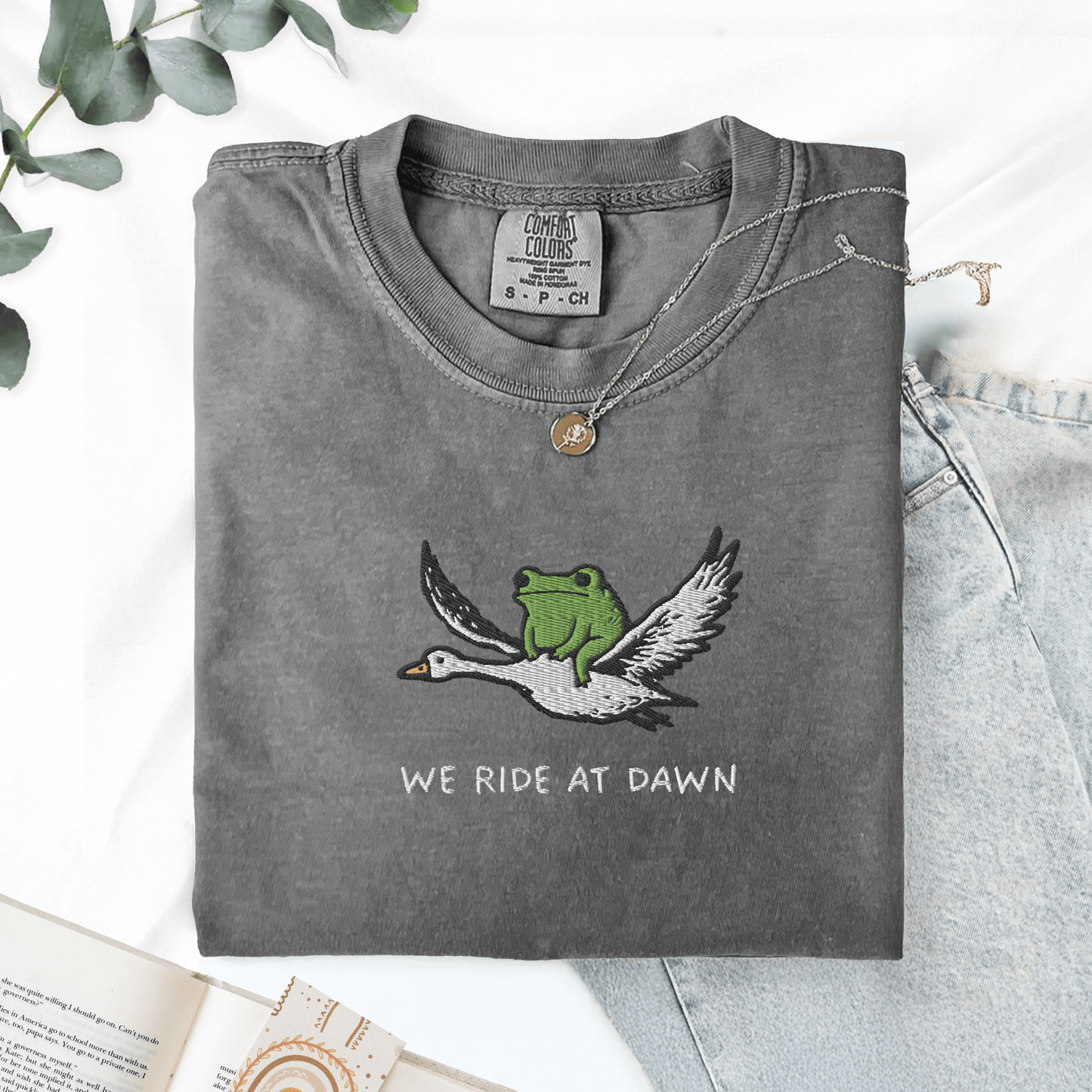 Pine Spice Books We Ride At Dawn Frog Goose Embroidered T-Shirt We Ride At Dawn Frog Goose Embroidered T-Shirt