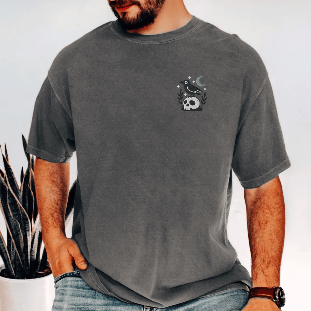 Pine Spice Books Witchy Crow Embroidered T-Shirt Witchy Crow Embroidered T-Shirt