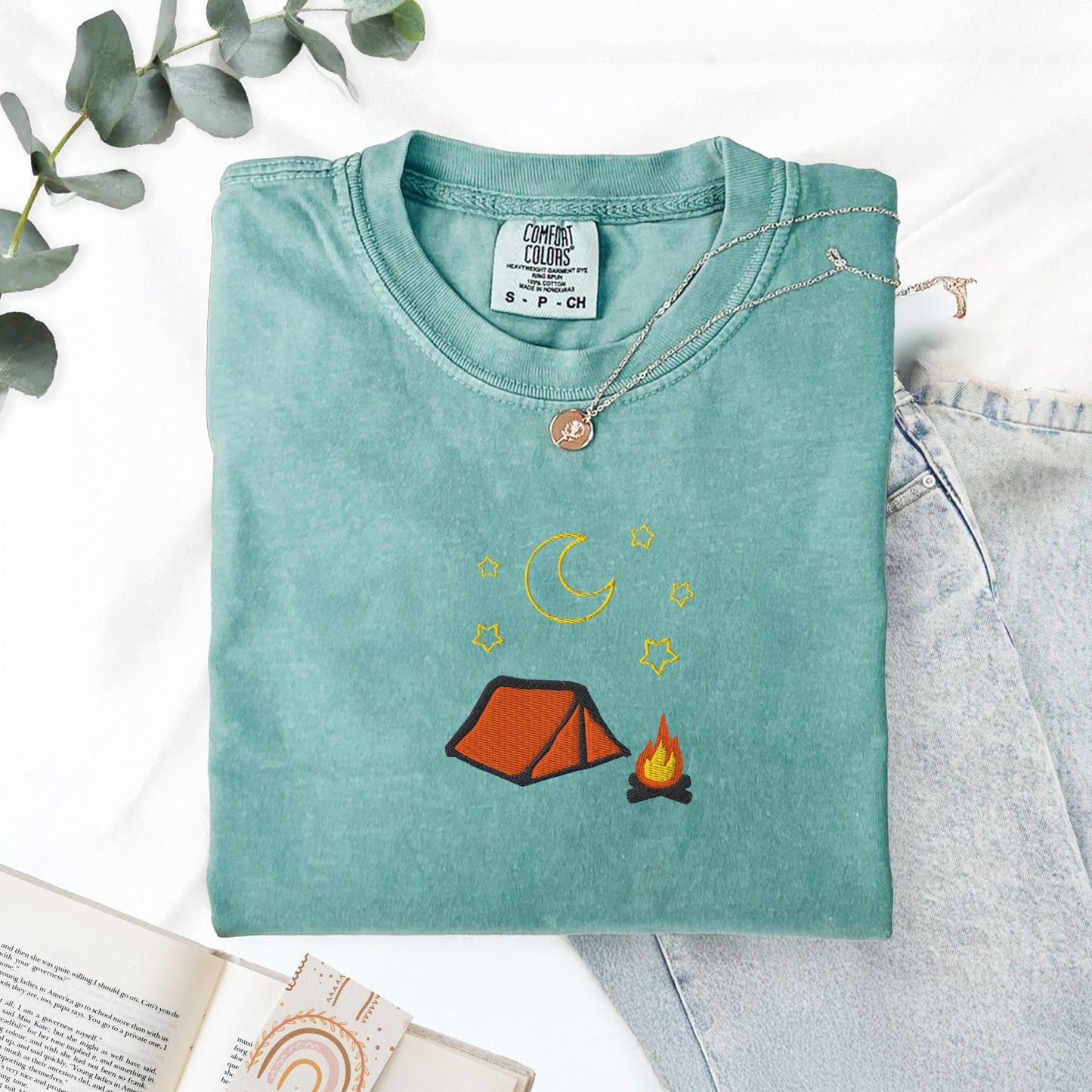 Pine Spice Books Cozy Embroidered Camping T-Shirt Cozy Embroidered Camping T-Shirt
