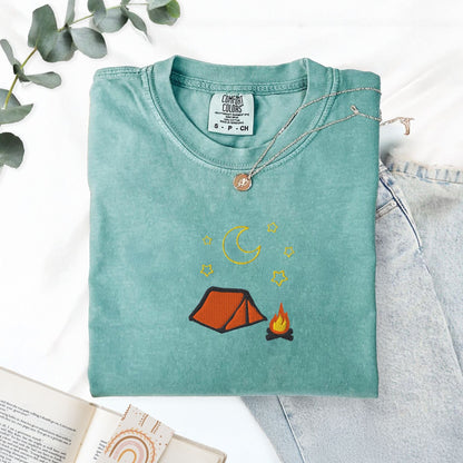 Pine Spice Books Cozy Embroidered Camping T-Shirt Cozy Embroidered Camping T-Shirt