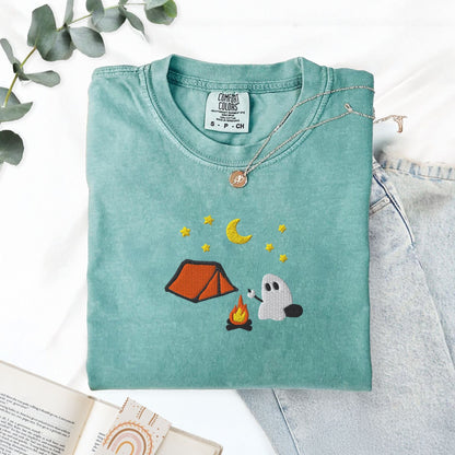 Pine Spice Books Cute Camping Ghost Embroidered T-Shirt Cute Camping Ghost Embroidered T-Shirt