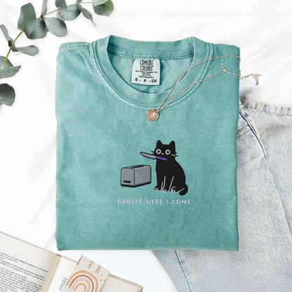 Pine Spice Books Danger Here I Come Cat Embroidered T-Shirt Danger Here I Come Cat Embroidered T-Shirt