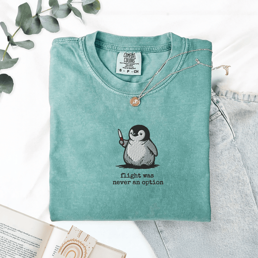 Pine Spice Books Flight Was Never An Option Penguin Embroidered T-Shirt Flight Was Never An Option Penguin Embroidered T-Shirt