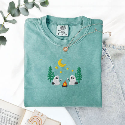 Pine Spice Books Ghosts Camping Embroidered T-Shirt Ghosts Camping Embroidered T-Shirt