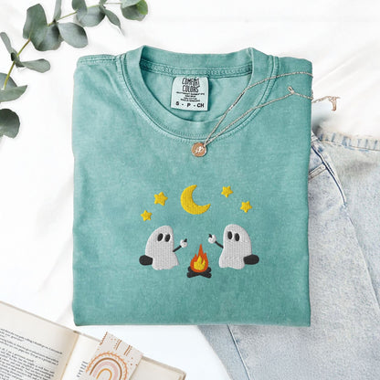 Pine Spice Books Ghosts Camping Embroidered T-Shirt Ghosts Camping Embroidered T-Shirt