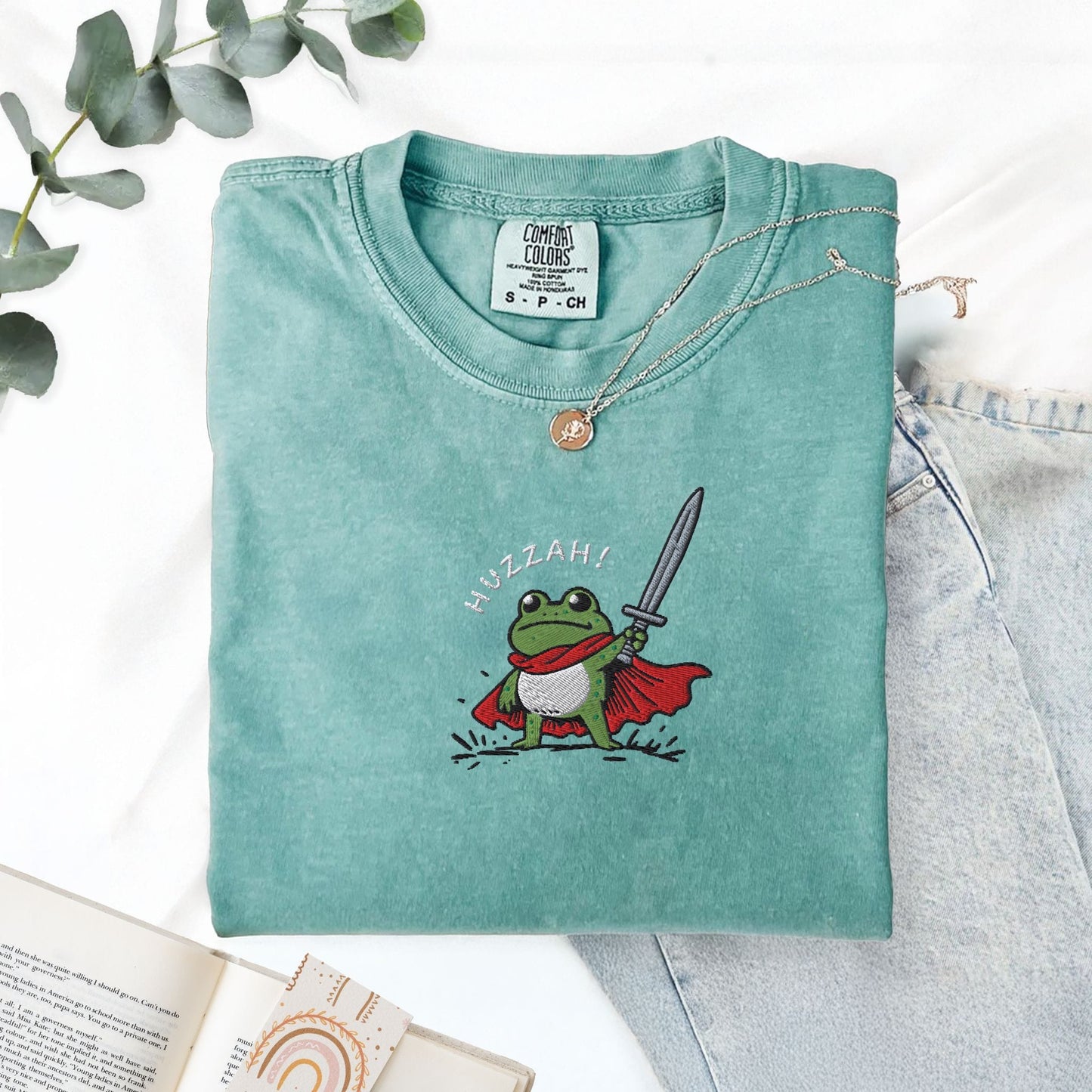 Pine Spice Books Huzzah Frog Embroidered T-Shirt Huzzah Frog Embroidered T-Shirt