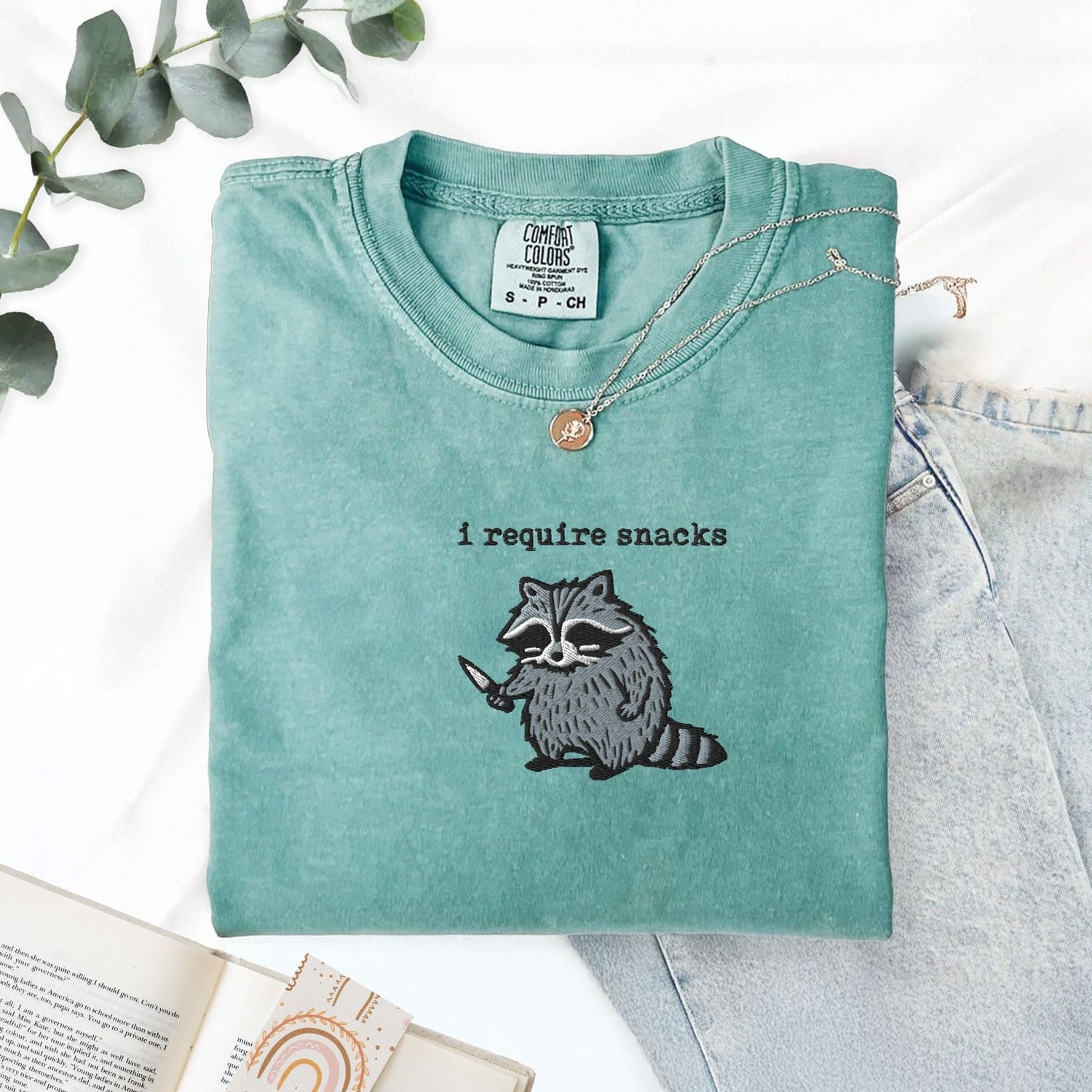 Pine Spice Books I Require Snacks Raccoon Embroidered T-Shirt I Require Snacks Raccoon Embroidered T-Shirt